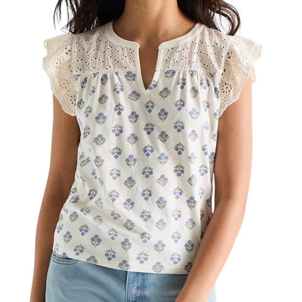 Lucky Brand Womens XL White Blue Floral Eyelet Lace Yoke Cap Sleeve Boho Top